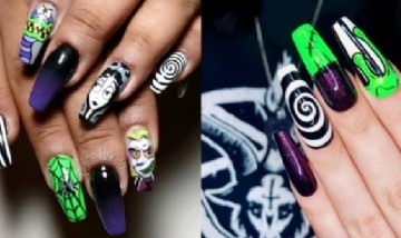 Uñas inspiradas en Beetlejuice: góticas, excéntricas, con rayas negras y formas de serpientes