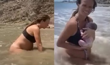 Una mujer dio a luz a orillas del mar y generó polémica en las redes sociales