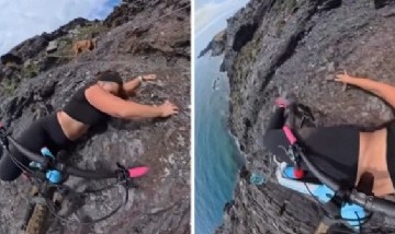 Una ciclista grabó el momento exacto en que casi cae por un acantilado mientras recorría un sendero con su perra