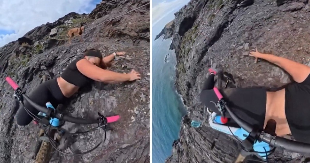 La española Cecilia Sopeña estuvo a centímetros del precipicio cuando perdió estabilidad en un camino estrecho. La escena quedó registrada por una cámara 360 que llevaba durante el recorrido.